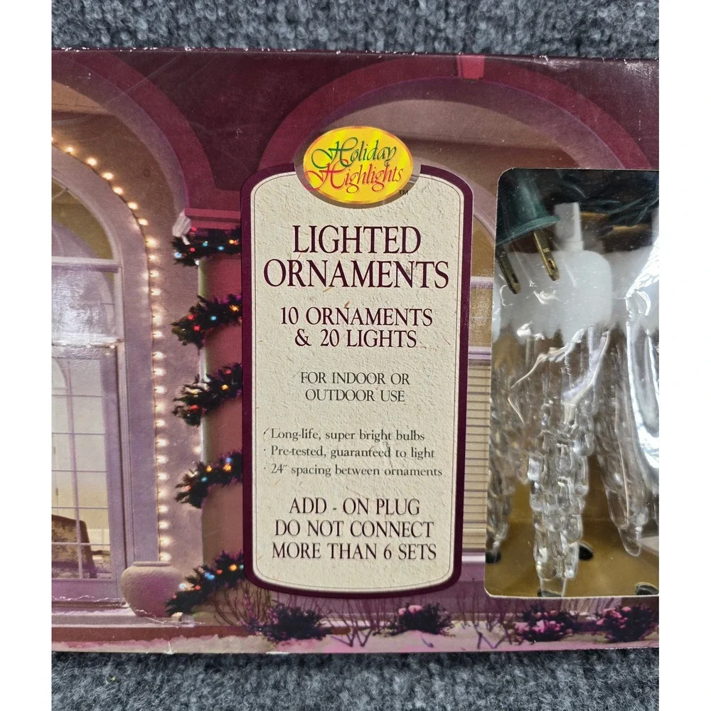 Holiday Highlights Lighted Ornaments Set of 10 Icicle Vtg Christmas Lights. NEW